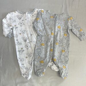 Disney - set of 2 - White and Gray Winnie the Pooh Print Footie One Piece